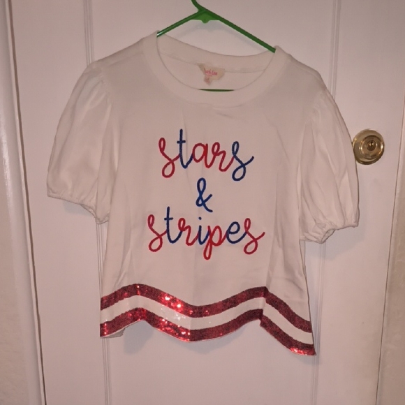 Peach Love California Tops - Peach Love California | White Tee with Red and Blue Stars & Stripes